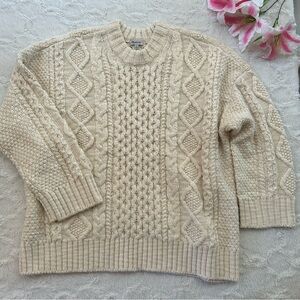 Madewell - Ivory Cream Wool Blend Chunky Crewneck Cable Knit Patterned Sweater